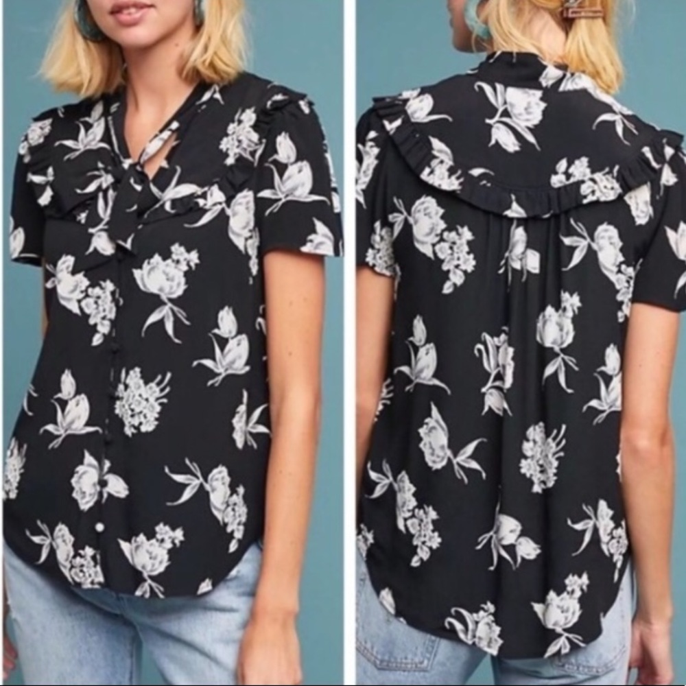 Anthropologie Black and White Floral Blouse